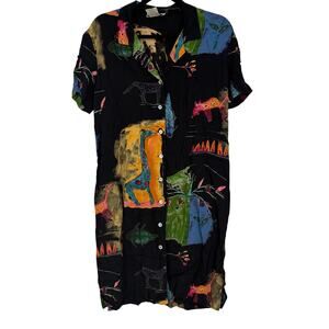 Jeffrey & Dara 90's Vintage Black Animal Button Up Rayon Sheath Dress Size 10